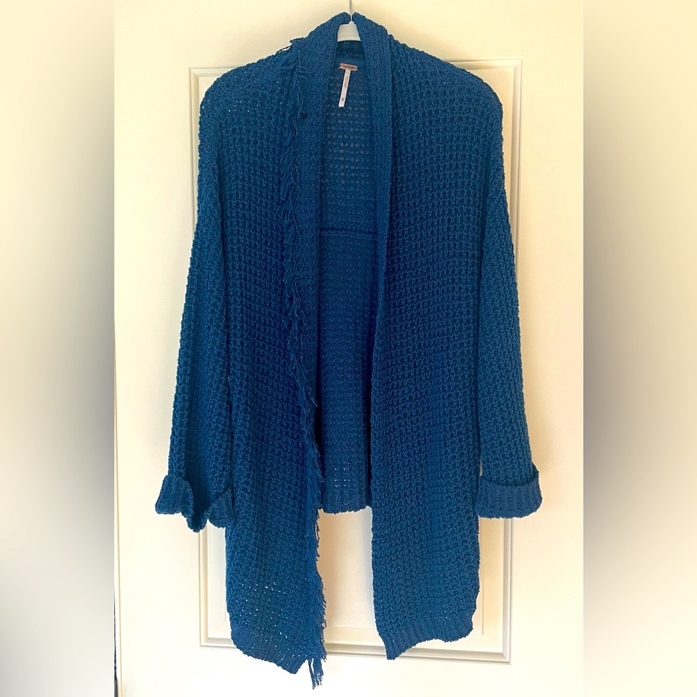 Free People, deep blue, cozy knit cardigan.